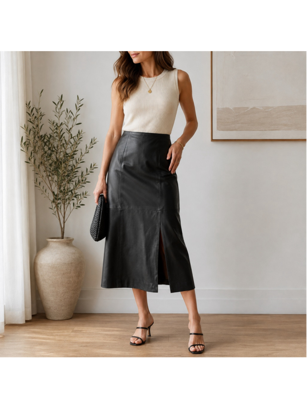 Wilsons Leather Black Genuine Leather Midi Pencil Skirt Size 16 Front Slit